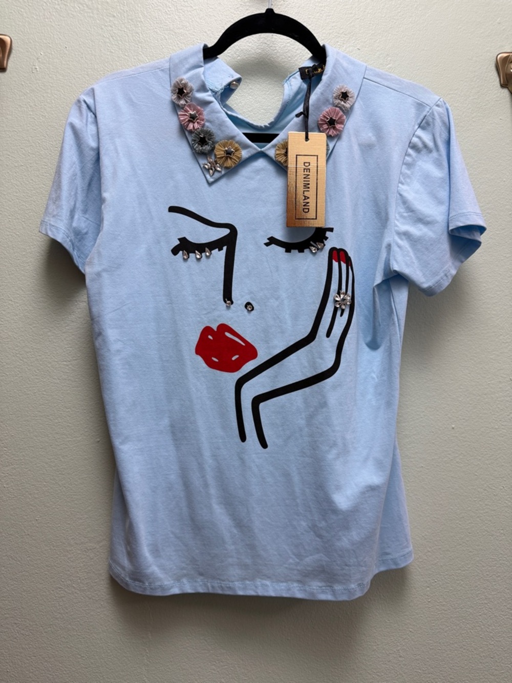 Denimland Light Blue Embellished Graphic Women's Tee